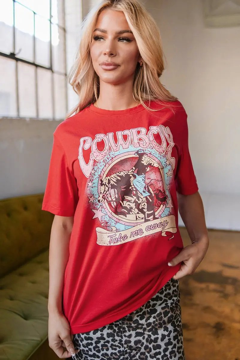 Tomato Red COWBOY Take Me Away Graphic Western Loose Tee - Love Salve